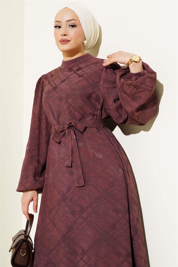 Patterned Balloon Sleeve Belted Jacquard Dress Brown