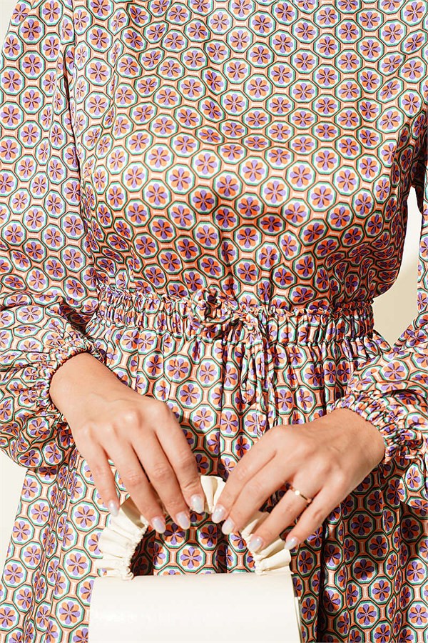 Patterned Satin Dress with Elastic Waistband, Orange