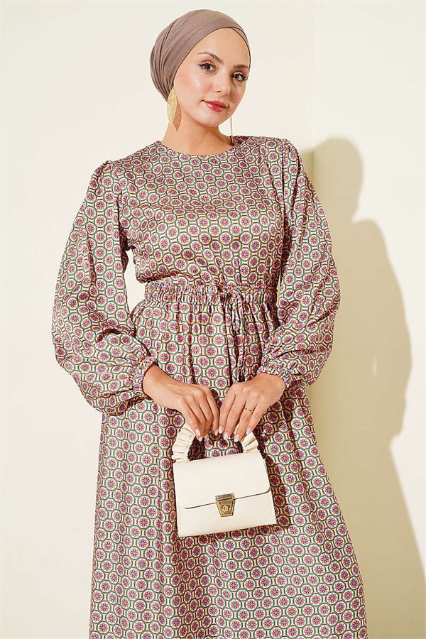Patterned Satin Dress with Elastic Waistband, Orange