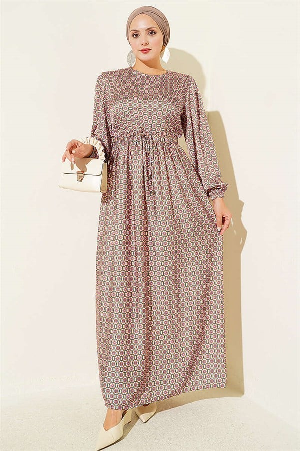 Patterned Satin Dress with Elastic Waistband, Orange