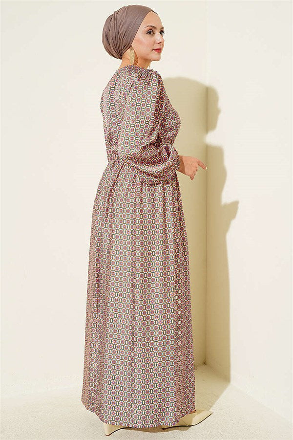 Patterned Satin Dress with Elastic Waistband, Orange