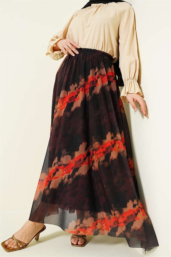 Patterned Tulle Skirt with Elastic Waistband, Brown