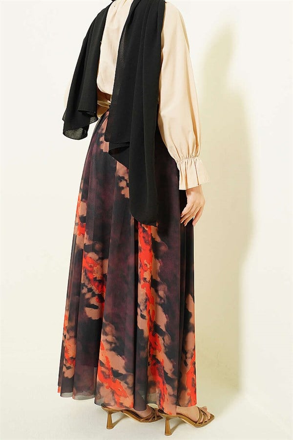 Patterned Tulle Skirt with Elastic Waistband, Brown