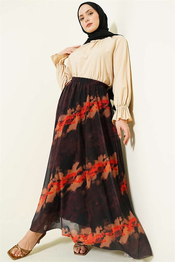 Patterned Tulle Skirt with Elastic Waistband, Brown