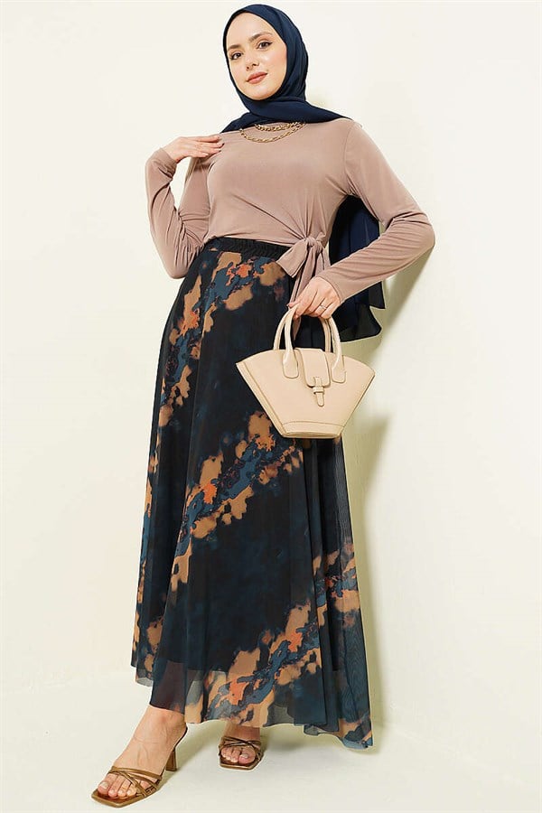 Patterned Tulle Skirt with Elastic Waistband, Navy Blue