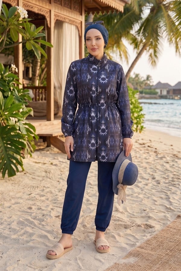 Patterned, Adjustable Waist, Three-Piece Modest Swimsuit, Navy Blue