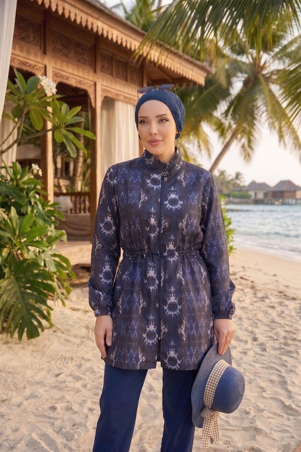 Patterned, Adjustable Waist, Three-Piece Modest Swimsuit, Navy Blue