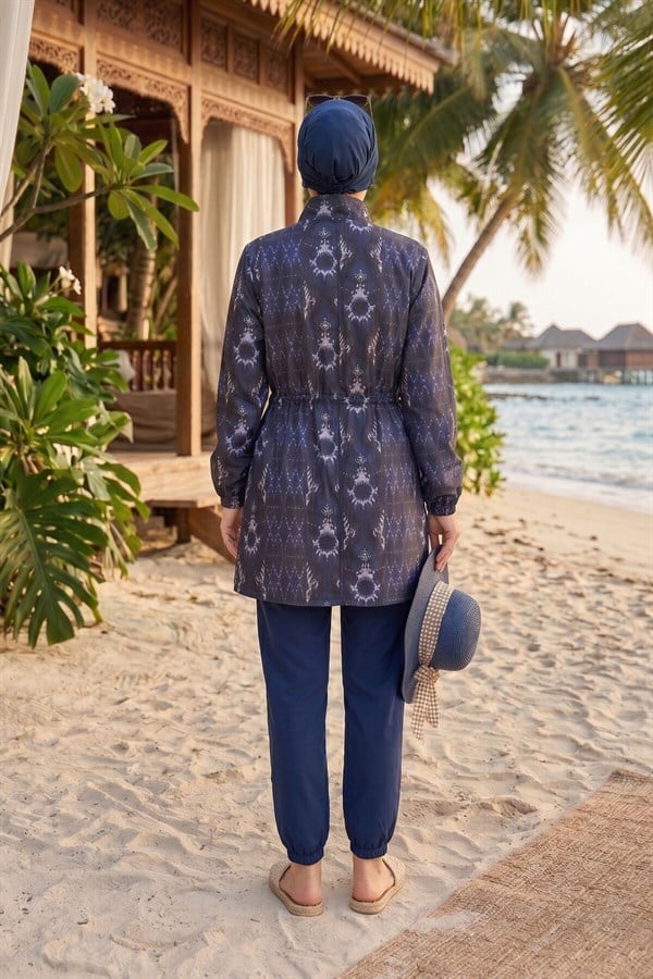 Patterned, Adjustable Waist, Three-Piece Modest Swimsuit, Navy Blue