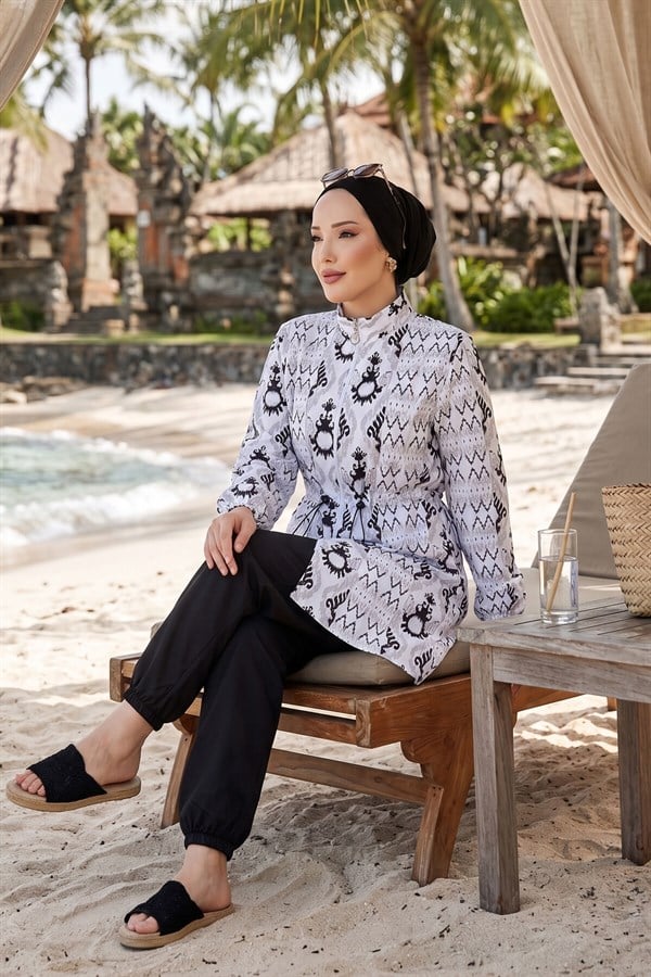 Patterned Adjustable Waist Three-Piece Modest Swimsuit White