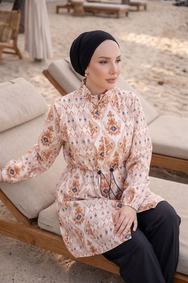 Patterned, Adjustable Waist, Three-Piece Modest Swimsuit, Beige