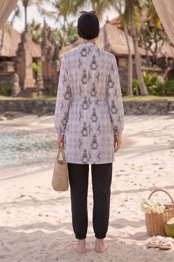 Patterned Adjustable Waist Three-Piece Modest Swimsuit White