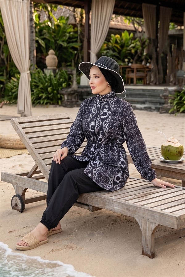 Patterned Adjustable Waist Three-Piece Modest Swimsuit Black