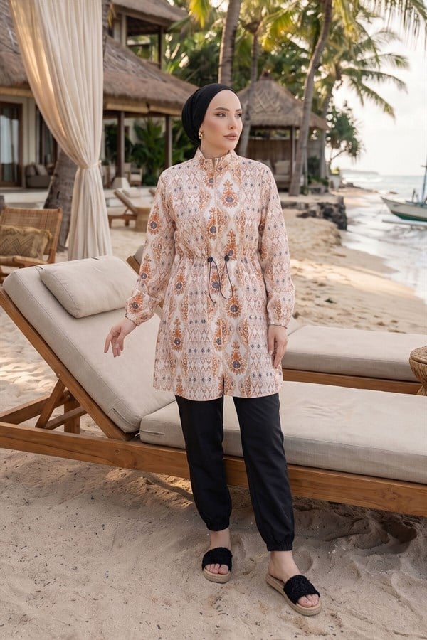 Patterned, Adjustable Waist, Three-Piece Modest Swimsuit, Beige