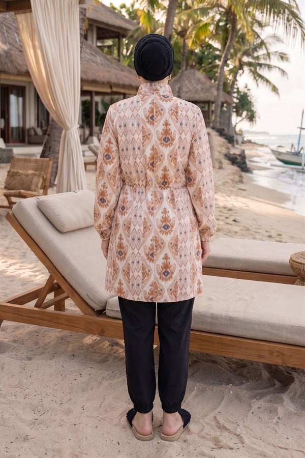 Patterned, Adjustable Waist, Three-Piece Modest Swimsuit, Beige