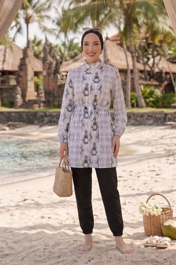 Patterned Adjustable Waist Three-Piece Modest Swimsuit White