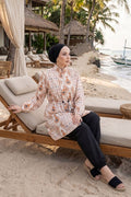 Patterned, Adjustable Waist, Three-Piece Modest Swimsuit, Beige