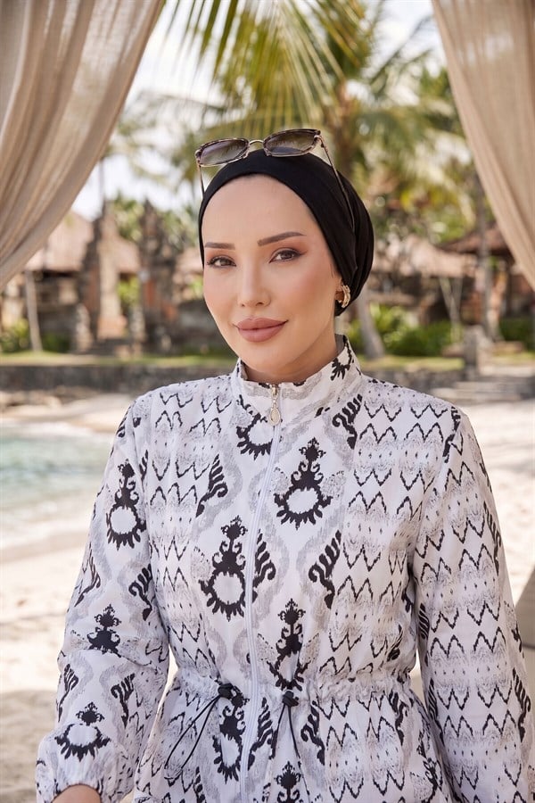 Patterned Adjustable Waist Three-Piece Modest Swimsuit White
