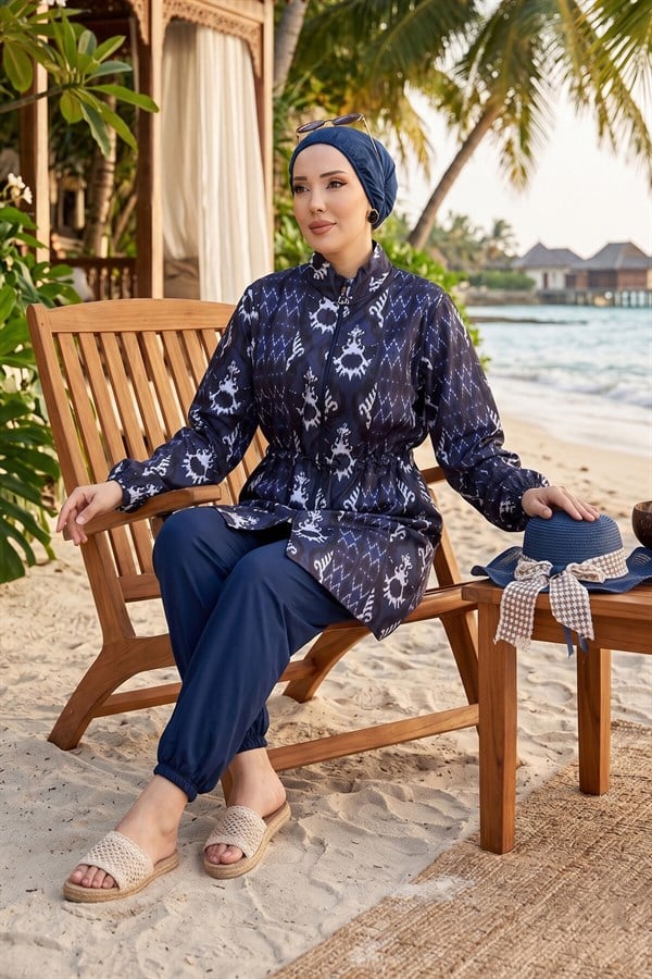 Patterned, Adjustable Waist, Three-Piece Modest Swimsuit, Navy Blue