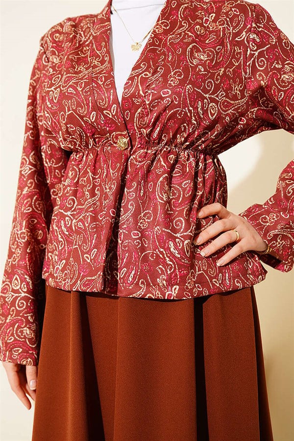 Patterned Two-Piece Skirt 2 Piece Set with Elastic Waistband, Coffee