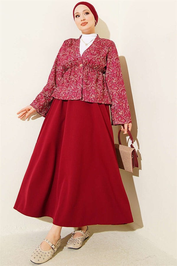 Patterned Two-Piece Skirt 2 Piece Set with Elastic Waistband, Burgundy