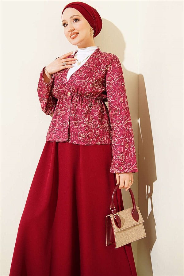 Patterned Two-Piece Skirt 2 Piece Set with Elastic Waistband, Burgundy