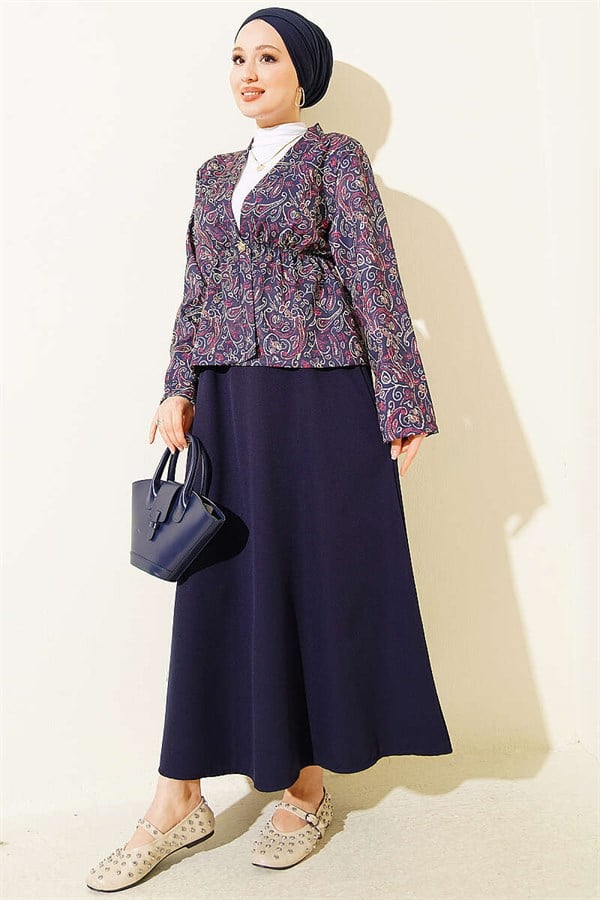 Patterned Two-Piece Skirt 2 Piece Set with Elastic Waistband, Navy Blue