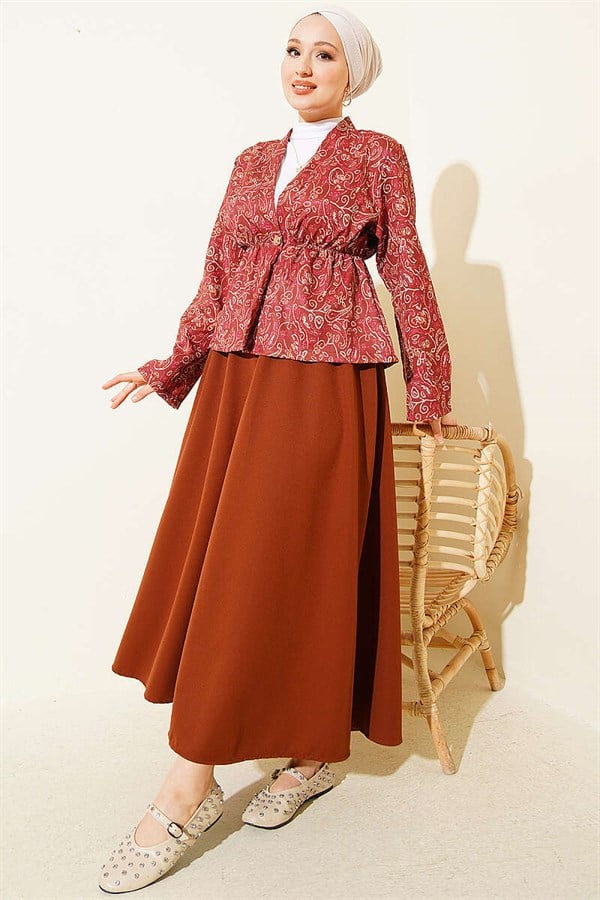 Patterned Two-Piece Skirt 2 Piece Set with Elastic Waistband, Coffee