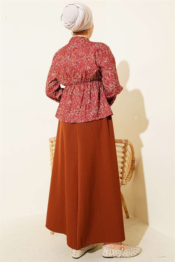 Patterned Two-Piece Skirt 2 Piece Set with Elastic Waistband, Coffee