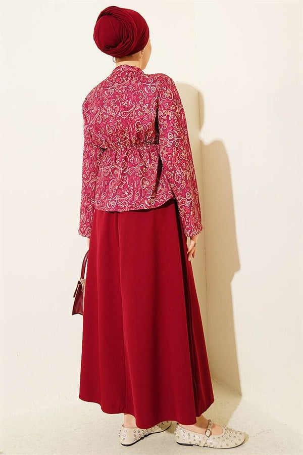 Patterned Two-Piece Skirt 2 Piece Set with Elastic Waistband, Burgundy