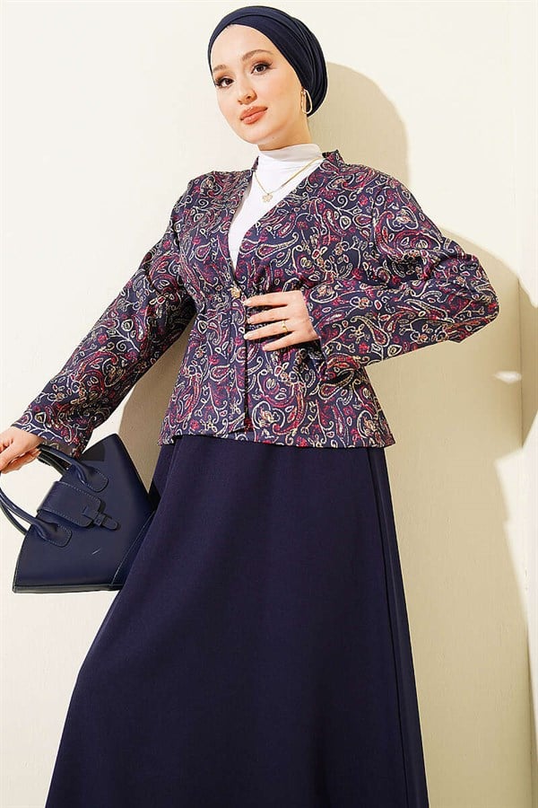 Patterned Two-Piece Skirt 2 Piece Set with Elastic Waistband, Navy Blue