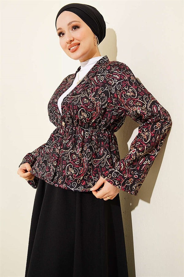 Patterned Two-Piece Skirt 2 Piece Set with Elastic Waist Detail, Black