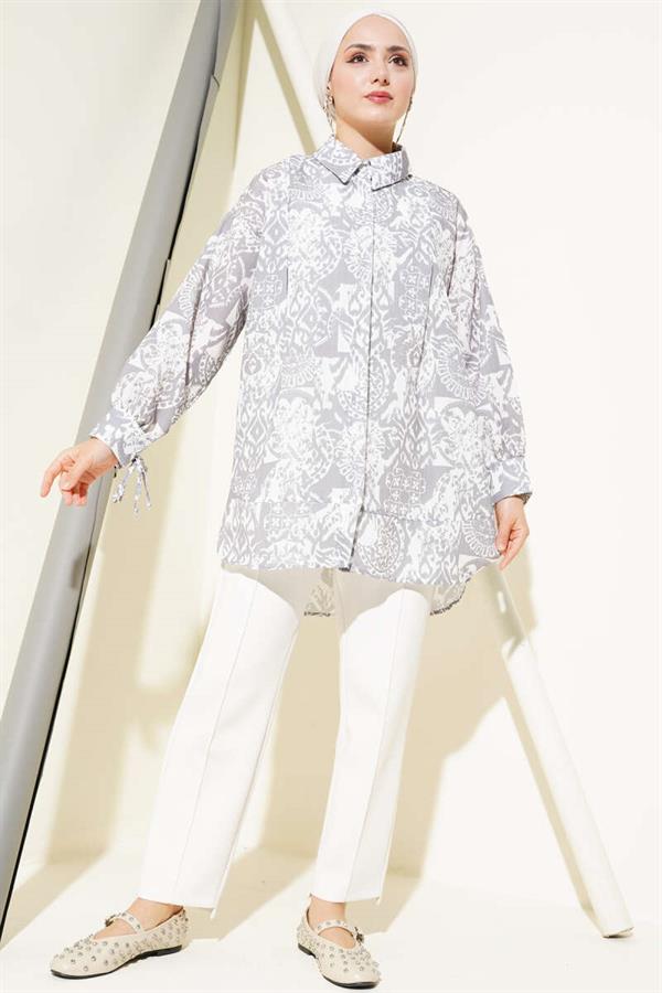 Patterned Ankle Tie Shirt Gray