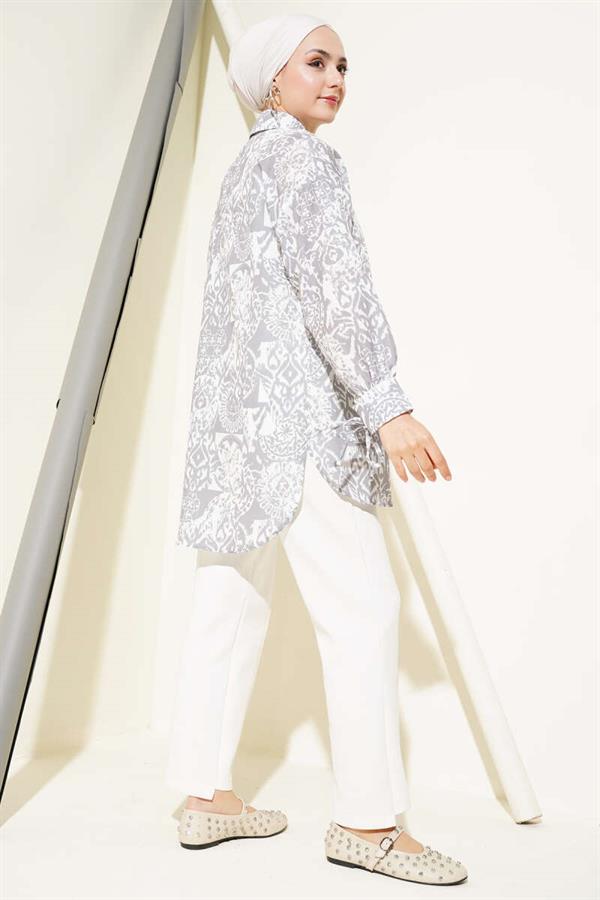 Patterned Ankle Tie Shirt Gray
