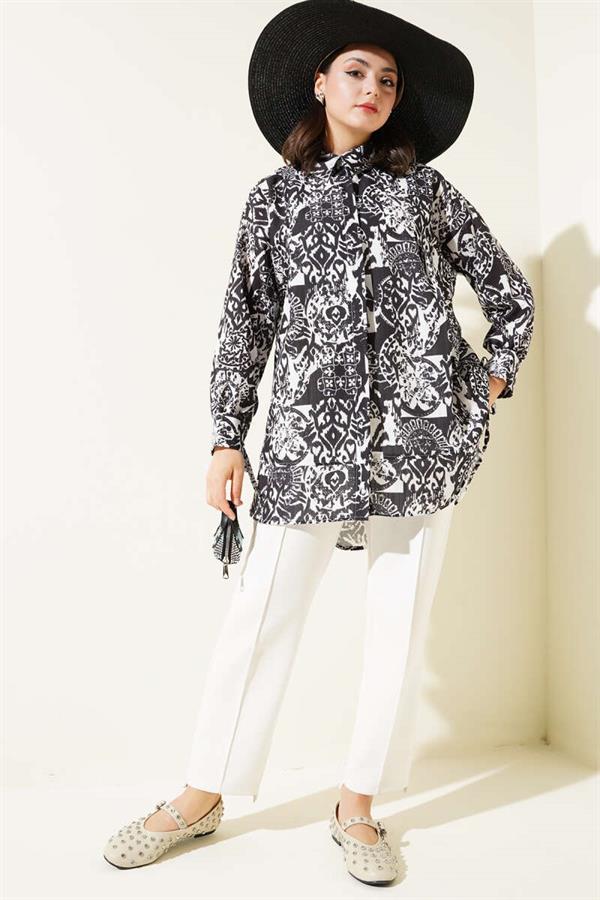 Patterned Ankle Tie Shirt Black