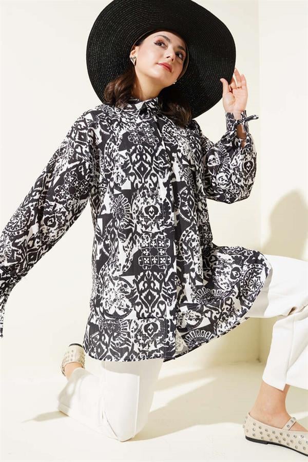 Patterned Ankle Tie Shirt Black