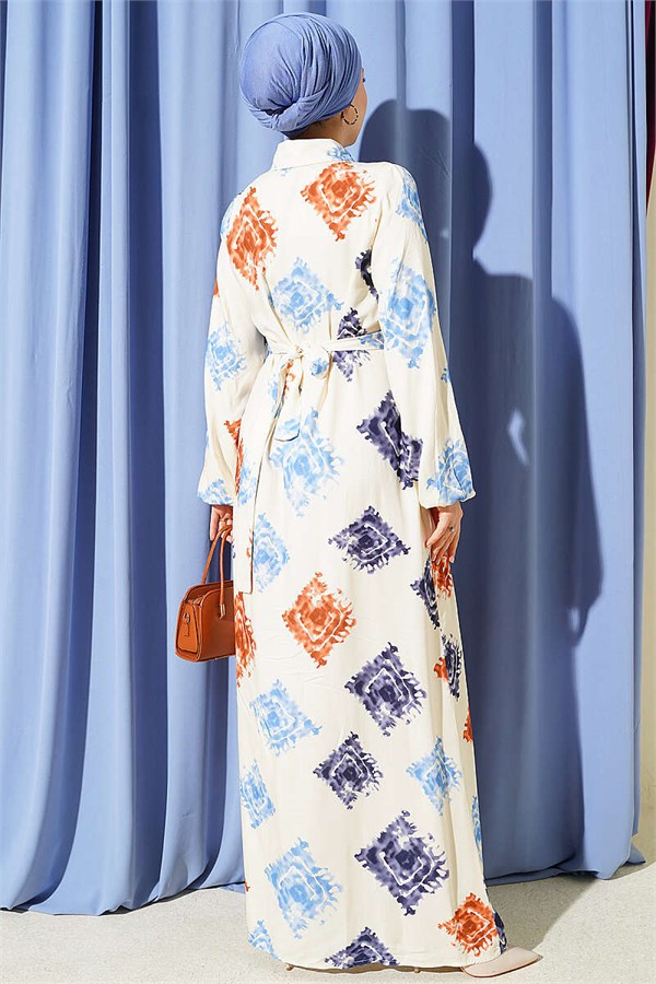 Patterned Full-Length Buttoned Dress, Blue