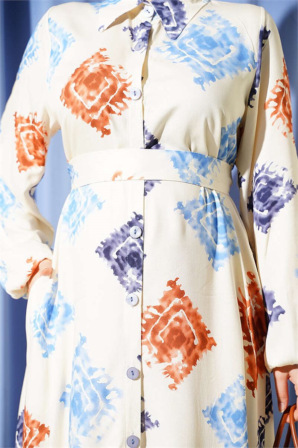 Patterned Full-Length Buttoned Dress, Blue
