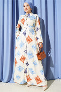Patterned Full-Length Buttoned Dress, Blue