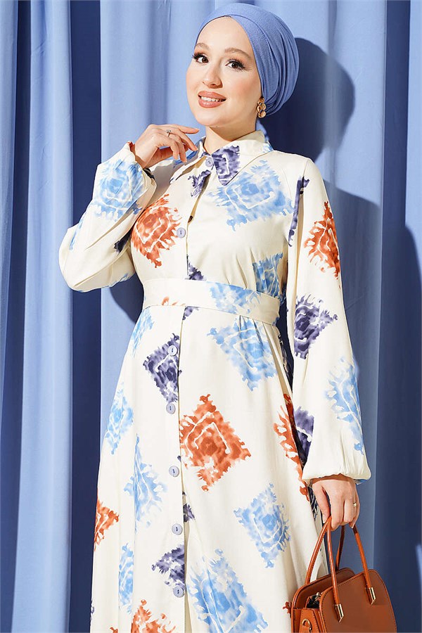 Patterned Full-Length Buttoned Dress, Blue