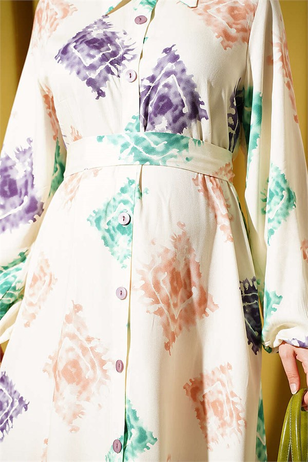 Patterned Full-Length Buttoned Dress in Purple