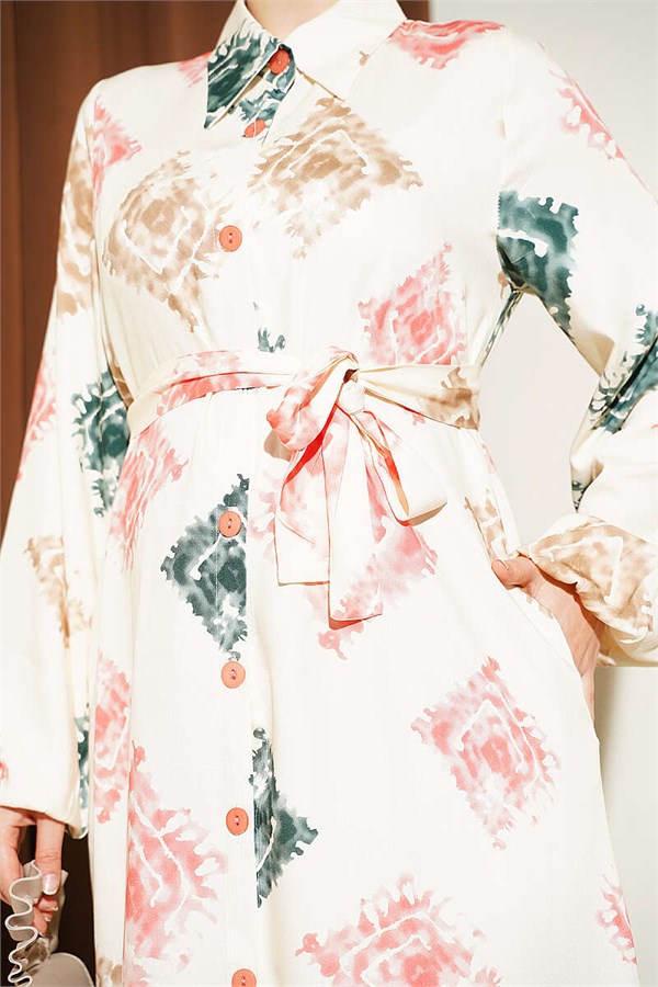 Patterned Full-Length Buttoned Dress in Powder Pink