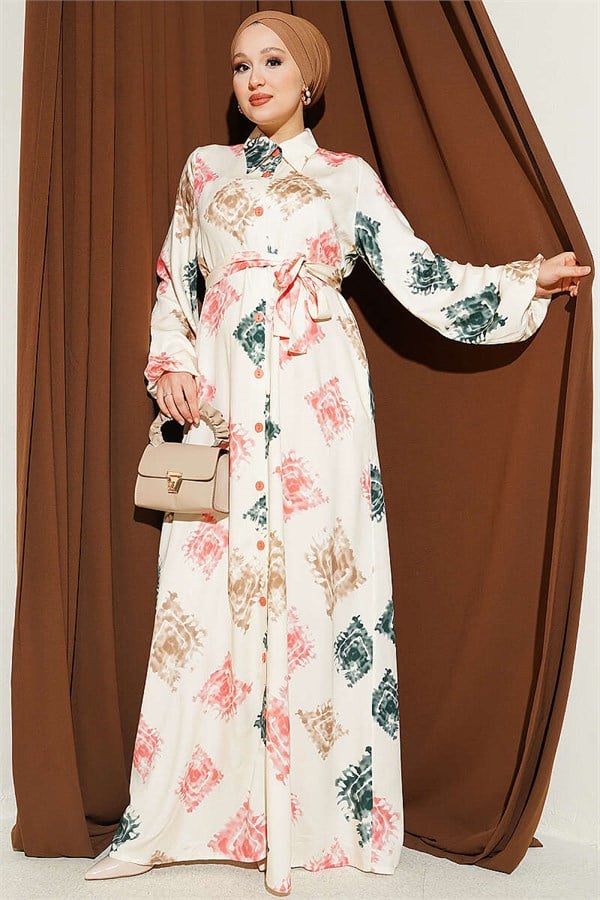 Patterned Full-Length Buttoned Dress in Powder Pink