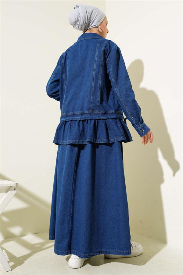 Patterned Snap Button Skirted Denim Suit Navy Blue