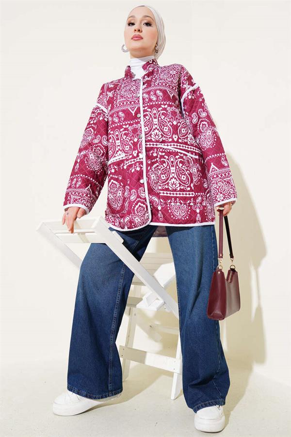 Patterned Snap-Front Quilted Jacket Burgundy
