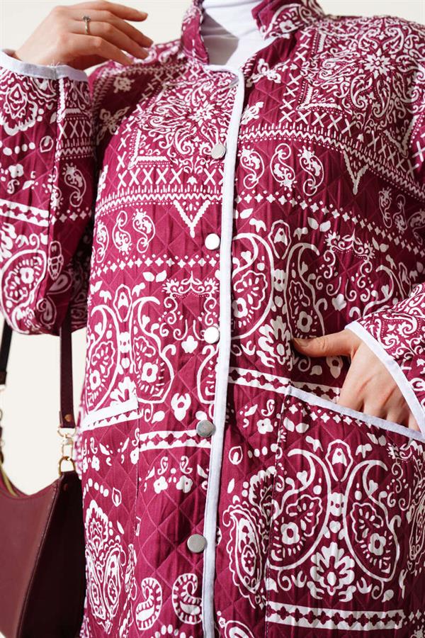 Patterned Snap-Front Quilted Jacket Burgundy
