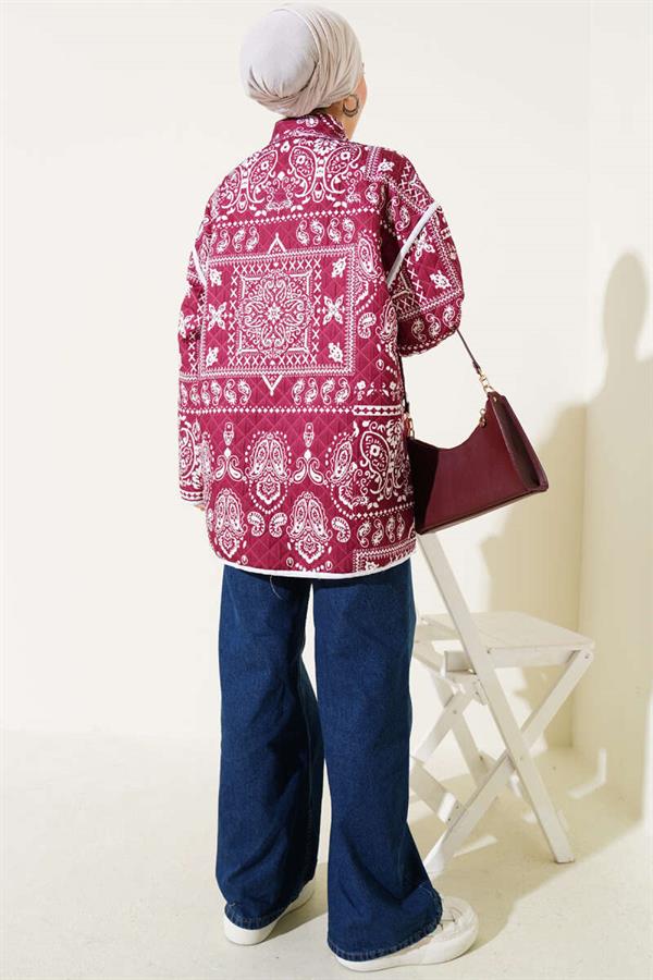 Patterned Snap-Front Quilted Jacket Burgundy