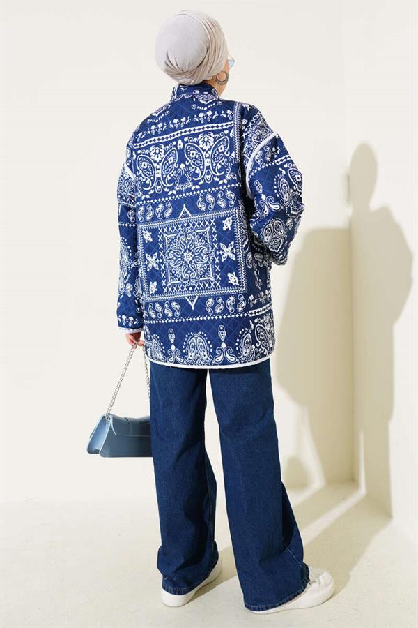Patterned Snap-Front Quilted Jacket Navy Blue