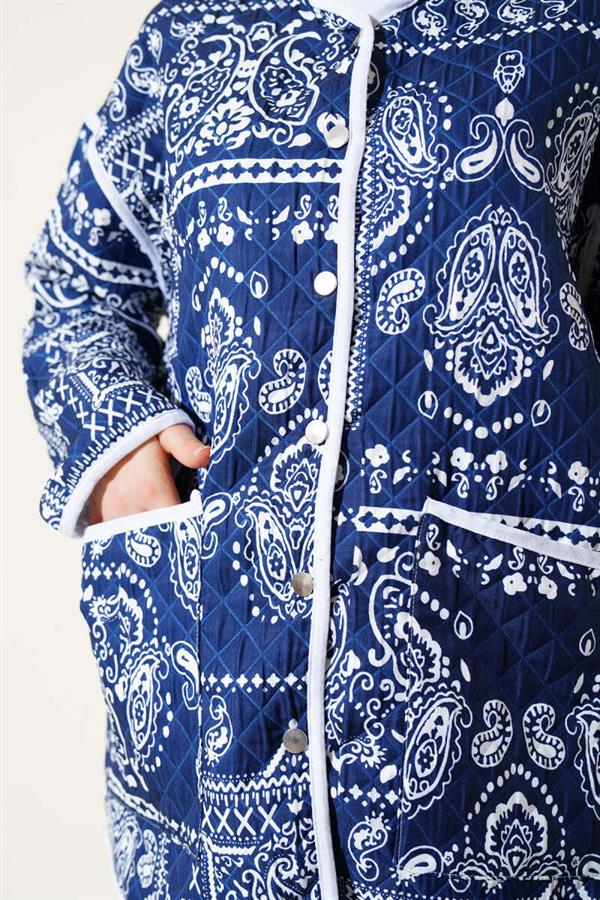 Patterned Snap-Front Quilted Jacket Navy Blue