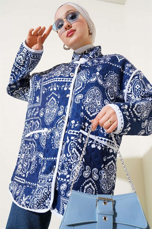 Patterned Snap-Front Quilted Jacket Navy Blue
