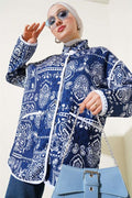Patterned Snap-Front Quilted Jacket Navy Blue
